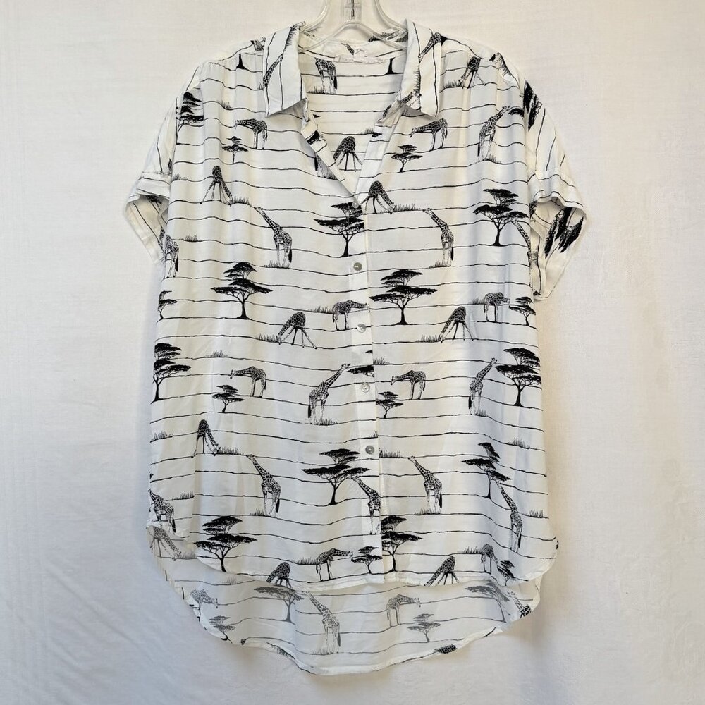 Jane Delancey Blouse Womens Large Novelty Bird Print Short Sleeve Shirt White
